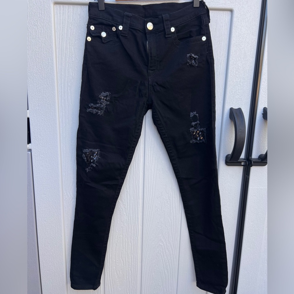 True Religion Black Distressed Sequin Skinny Jeans